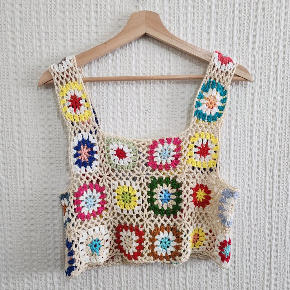 PacSun LA Hearts Crochet Granny Square Crop Tank Top Boho Festival One Size - Picture 10 of 12